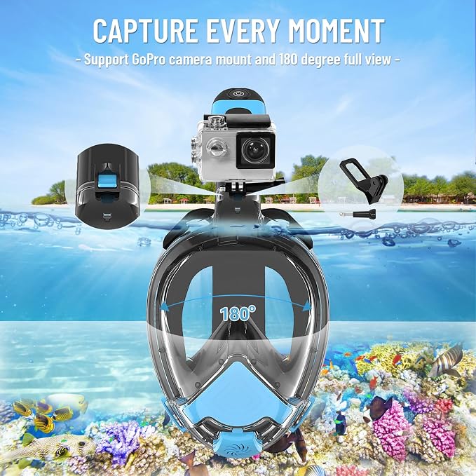 Electric Full Face Snorkel Mask for Adults, Fan-Assisted Airflow Snorkeling Gear, 180° Panoramic Anti-Fog View, Dry Top Leak-Resistant Design with Camera Mount for Beach Vacation