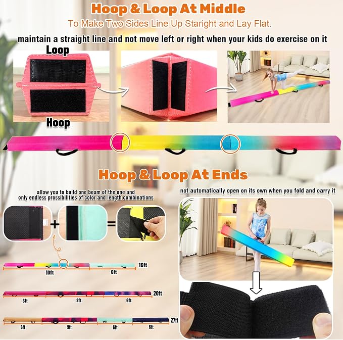 MARFULA 6 FT / 8 FT / 9 FT Folding Gymnastics Beam Foam Balance Floor Beam - Extra Firm - Suede Cover - Anti Slip Bottom with Carry Bag for Kids/Adults Home Use