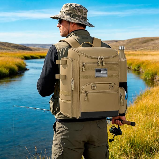 40L Fishing Backpack Water Resistant Fishing Tackle Bag with 2 Rod Holders, Tackle Storage Bag for Anglers(Khaki,Bag Only)