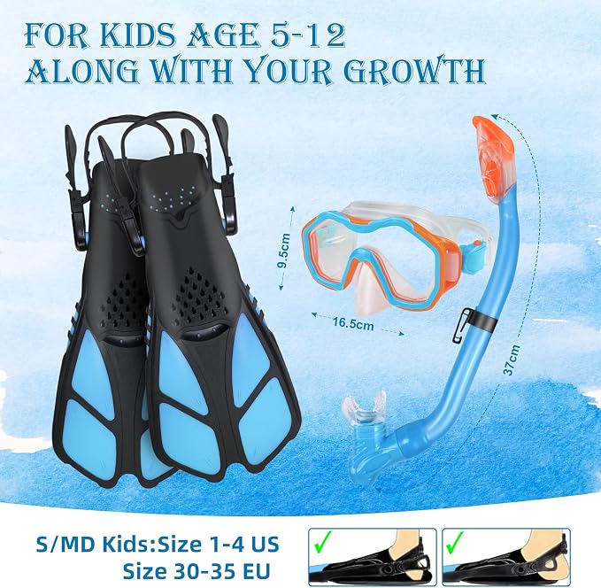 Kids Snorkeling Set - Adjustable Flippers + Panoramic Snorkel Mask + Dry Snorkel Tube + Travel Bags - Suitable for Kids & Juniors, Age 5-14
