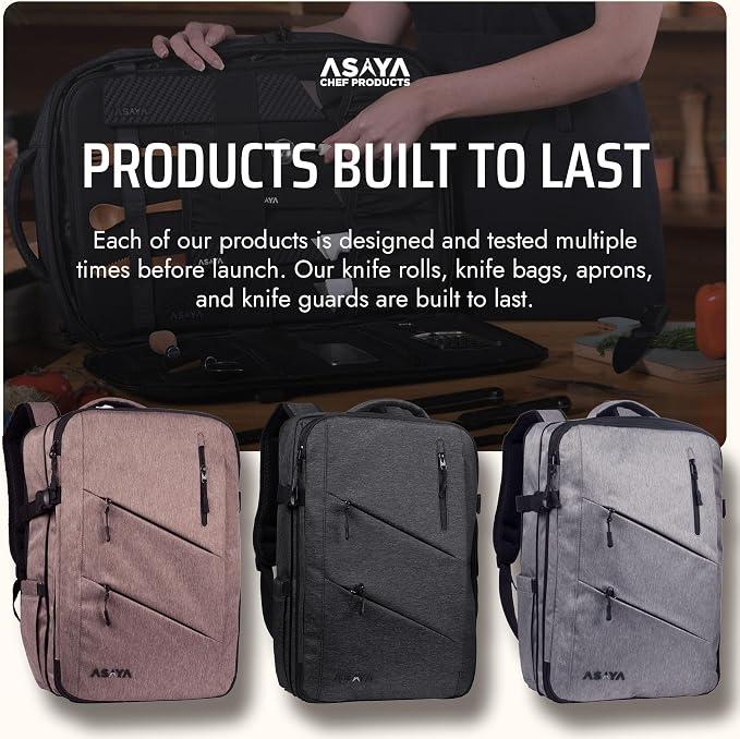 Asaya Chef Knife Backpack with 20-Pocket Knife Roll Bag - Over 30 Storage Pockets Chef Bag, Professional Backpack for Chefs and Culinary Students – Knives Not Included (Grey)