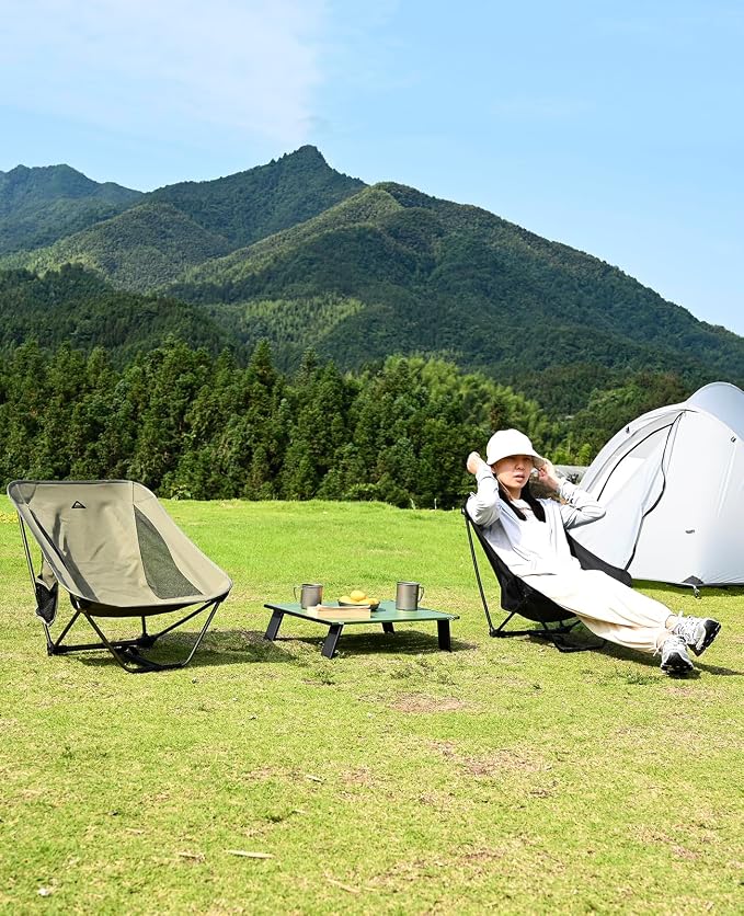 iClimb Low Ultralight Compact Camping Folding Chair with Side Pocket and Carry Bag (Blue)