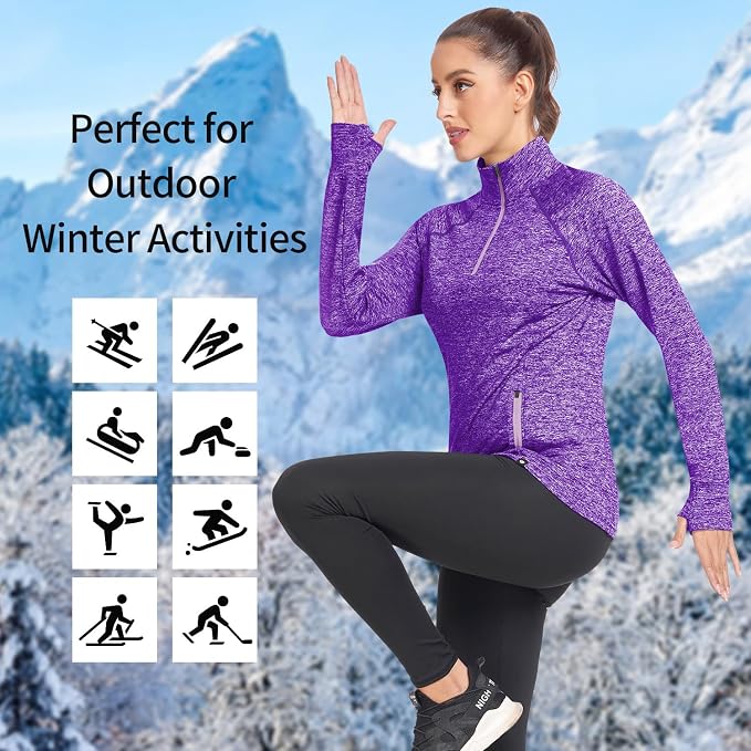 Soneven Women's Thermal Fleece Running Shirts Warm Winter Pullover Cold Weather Workout Hiking Tops with Thumb Holes Pockets