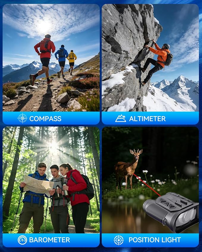 Head-Mounted Night Vision Goggles | Helmet-Compatible 4K 48MP Night Vision Binoculars with 16X Zoom, Built-in Compass/Altimeter & Barometer, App Video & Audio Recording, 3000mAh Rechargeable Battery