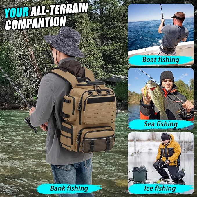 Tactical Fishing Backpack with Tackle Boxes, Rod Holders & Bottle Holder, 50 L Large Insulated Fishing Tackle Box Backpack with Cooler, Fishing Bag Store Gear & Equipment, 900 D Oxford, Brown