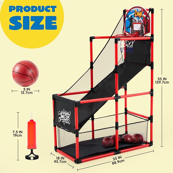 JOYIN Red Arcade Basketball Game Set, Indoor Basketball Hoop for Kids 3+ Years Old, Easy Set Up Sports Toy with 4 Balls, Gifts for Boys and Girls