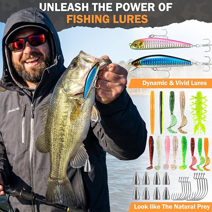 PLUSINNO Fishing Gear Fishing Backpack with Tackle Box, Waterproof tackle Backpack with Rod Holders, Lures, Tools, Pliers & Accessories, Fish Gifts for Men