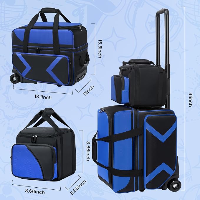 3 Ball Bowling Bag with Wheels, Rolling Bowling Bag 3 Ball Roller with Multi-pocket & Shoe Compartment (Up To US Men Size 16), 2 Ball Bowling Roller Bag PLUS 1 Ball Tote