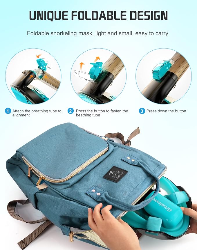 Greatever Full Face Snorkel Mask, Snorkeling Gear for Adults with Latest Dry Top Breathing System and Detachable Camera Mount, Foldable Snorkel Set for Family Snorkeling Trips, Anti-Fog & Anti-Leak