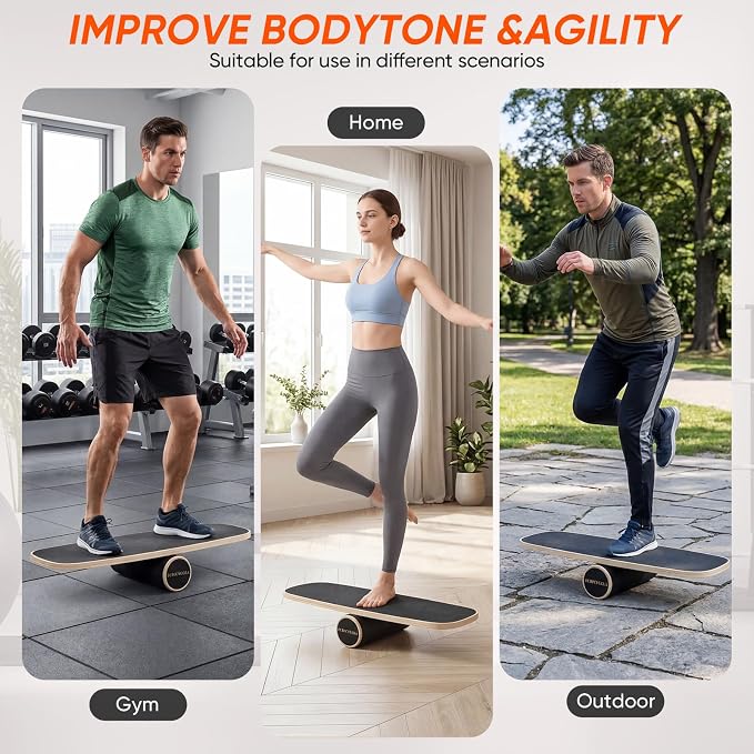 Balance Board with Adjustable Stoppers, Surf Balance Trainer for Adults, Wooden Balance Board for Core Strength & Balance Control, Skateboard Snowboard Training Equipment