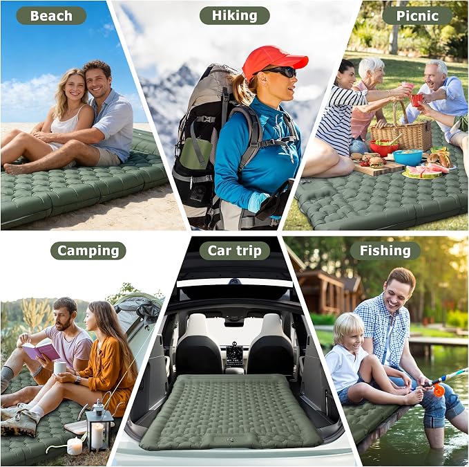 Toncoke 5.1" Thick Double Sleeping Pad with Foot Pump & Pillow, 77.5x53.9 2-Person Air Mattress for Camping, Ultralight & Compact for Backpacking, Hiking, Car Travel,Military Green