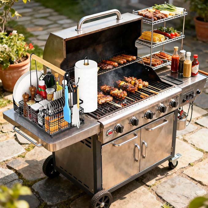 JBBTOOL Grill Caddy, BBQ Caddy with Paper Towel Holder & Utensil Holder, Picnic Caddy Organizer for Outdoor Cooking, Camping Essentials, Tailgating, Camping Must-Have for Patio, RV, Camper