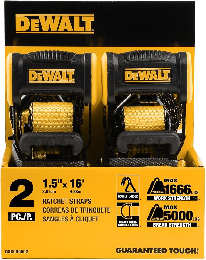 DEWALT DXBC50002 Black/Yellow 1.5" x 16' Ratchet Tie Down Straps - Heavy-Duty Cargo Hauling (5000 lb Break Strength), 2 Pack
