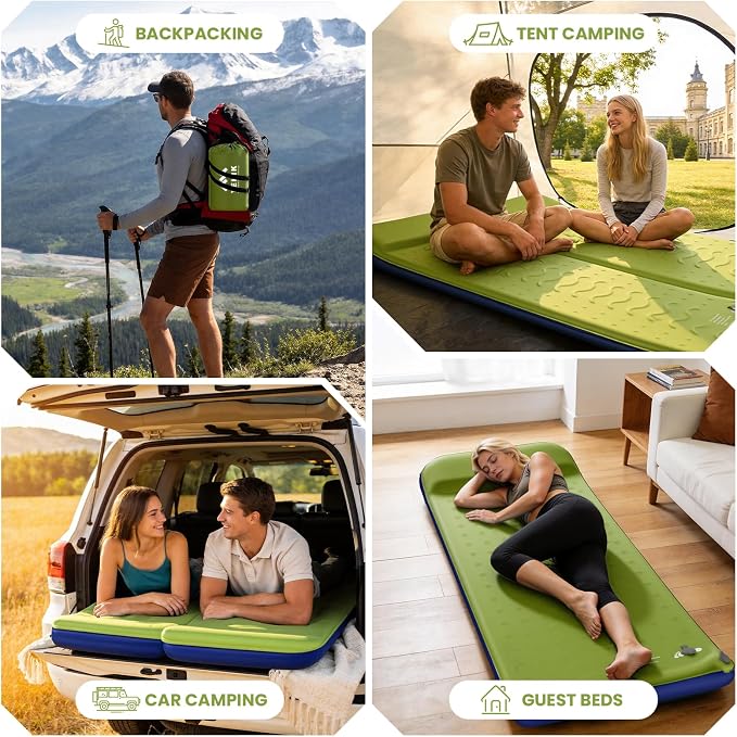 TEKIK Self Inflating Sleeping Pad, Ultra-Thick Memory Foam Sleeping Pad for Camping with Pillow, 20s Fast self Inflate&Deflate, 9.5 R-Value Insulated Camping Mattress, Suitable for Car Travel Tent