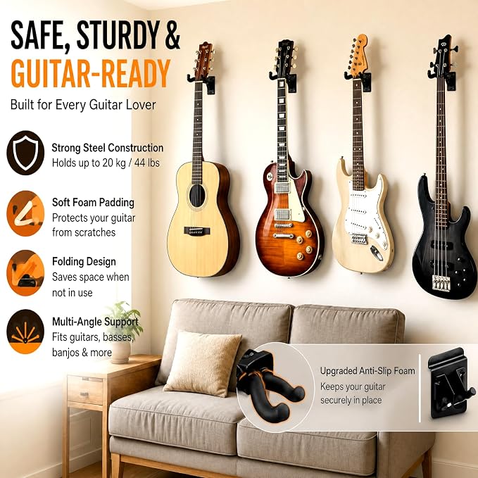 Therwen 20 Pcs Guitar Hanger Wall Mount Guitar Hangers Hooks Holders with Slat Adapter 180° Adjustable Black Hook Stand Wall Mount for Acoustic Electric Bass