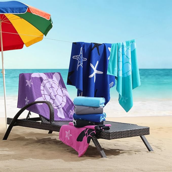Oversized Beach Towels 4 Pack,40”x70” Microfiber Thin Large Beach Towel Set for Adults Travel Camping Swimming,Turtle Starfish Them Sand Free Quick Dry Lightweight XL Pool Towels -Blue & Green Pine