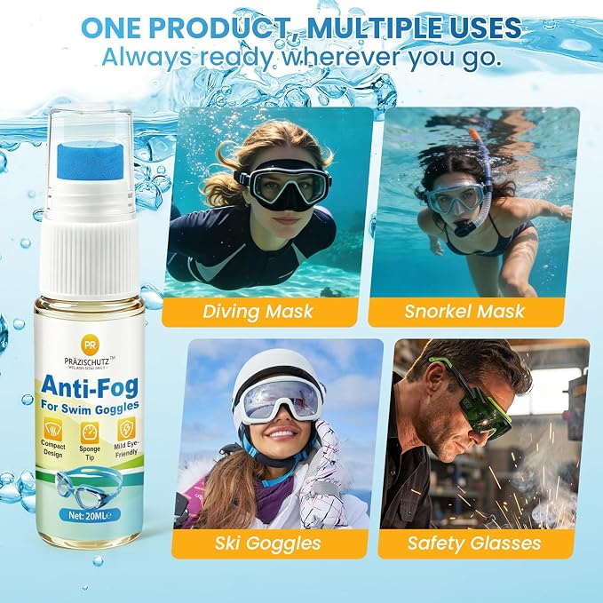 Anti-Fog for Swim Goggles, Clear Vision Mask Defogger, 2+ Hour Fog-Free Protection, Safe Formula with Sponge Applicator, for Snorkel, Diving & Ski Masks (20 ml)
