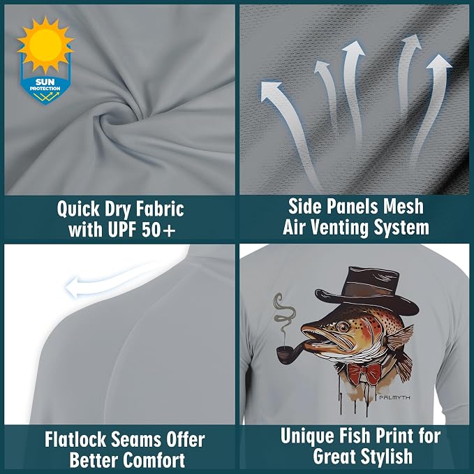 Palmyth Fishing Hoodie for Men Long Sleeve Sun Protection UV UPF 50+ Shirts | Hidden Zipper Pocket, Thumb Loops, Quick-Dry, Side Mesh Panels, Lens Cleaning Cloth, 4-Way Stretch