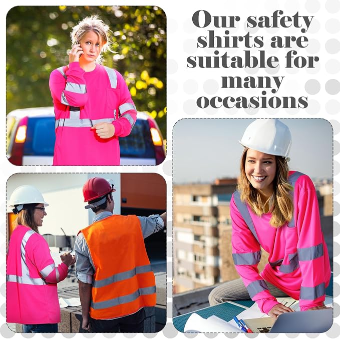 Amylove 4 Pcs Women Long Sleeve Safety Shirt High Visibility Shirts Reflective Construction Work Shirts for Women(M,Rose Red)