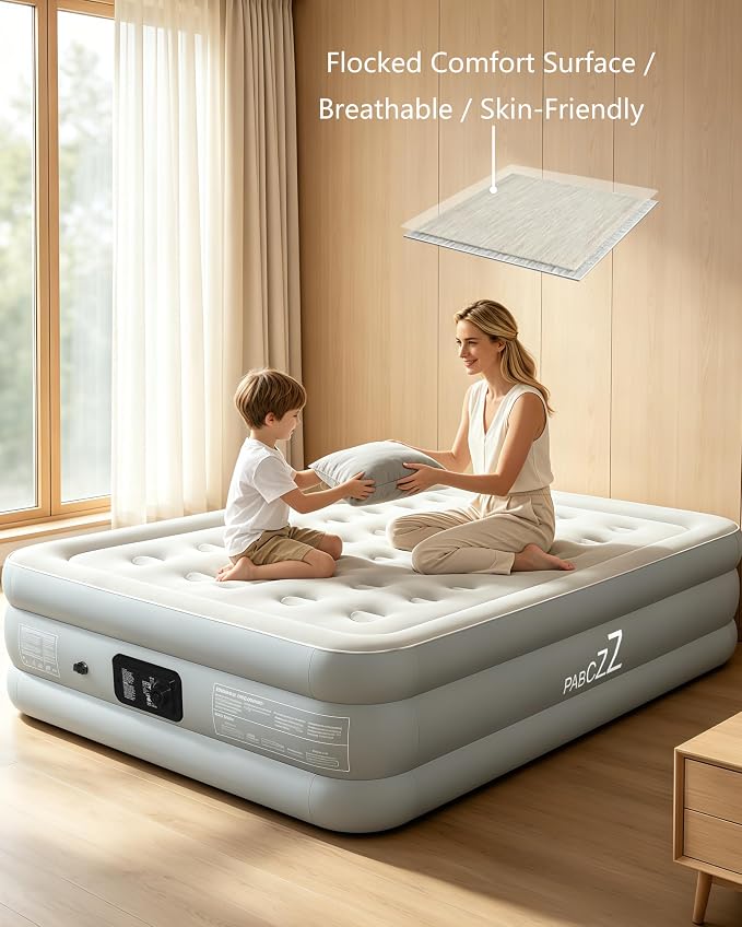 air Mattress Full with Built in Pump – 18-Inch Thickened air Bed Suitable for Camping, Home use, and Guest Accommodation, Supports Up to 600 Pounds (Light Gray, Full)