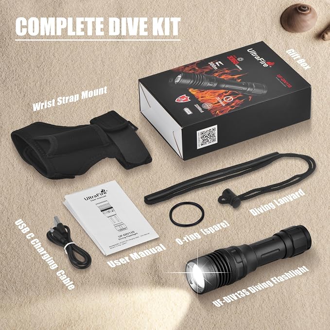 ULTRAFIRE Dive Light 3350 Lumens Rechargeable Scuba Diving Flashlight, IPX8 Waterproof Underwater Flashlight 100M Depth, 3 Modes with Magnetic Rotary Switch, for Snorkeling Night Diving Cave Safety
