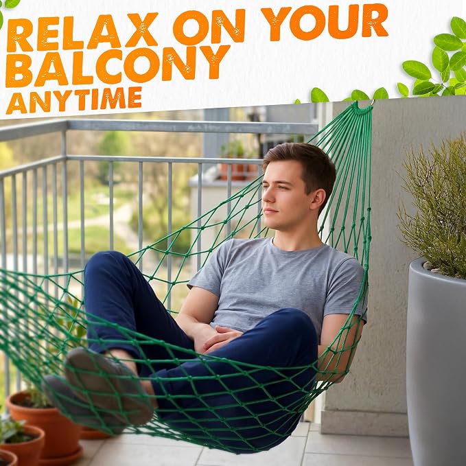 Mesh Hammock - Loop & Lounge Between Two Trees, Rope Hammocks for Outside Camping - No Stand Needed, 220 lb Capacity, Lightweight 13 oz Nylon Net Bed for Backyard Garden Patio Beach Travel, Green