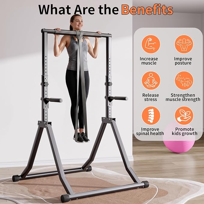 Foldable Power Tower Dip Station for Pull Ups, 66.1"-84.6" 12 Level 700 LBS, Adjustable Dip Handles & Assistance Bands Foldable Home Gym Equipment