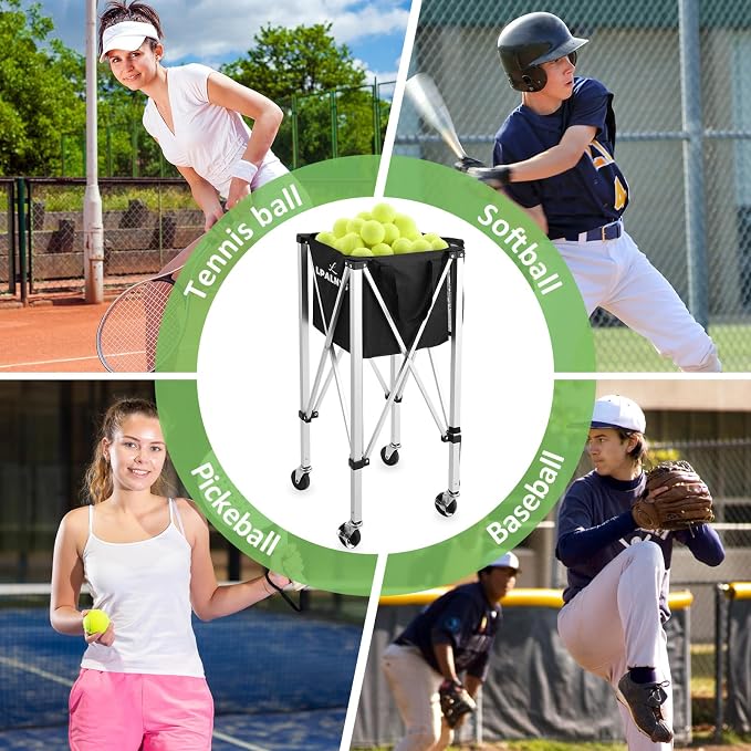 Pickleball Tennis Ball Hopper-Foldable Lightweight Tennis Cart Holds 180 Tennis/160 Pickleballs with Removable Bag,Wheels,Side Pocket for Training/Teaching, for Tennis/Pickleball/Baseball/Softball
