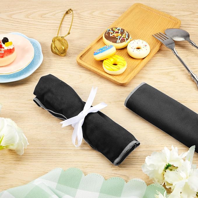 Hillban 6 Pcs Anti Tarnish Silver Storage Bags Silver Storage Cloth Felt Flatware Organizer Anti Tarnish Protector Bags Place Setting Roll with White Ribbon for Kitchen Cutlery (6 Slots,Black)