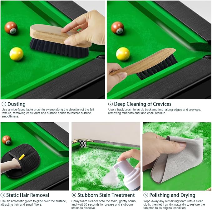 Foam Billiard Tables Cleaner Spray with 2 Pool Table Brushes, 1 Static Gloves, 1 Cloth - Essential Pool Table Cleaning Kit & Billiards Pool Table Accessories Kit for Billiards Players