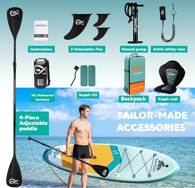 InnoExpo Inflatable Stand Up Paddle Boards with Premium Accessories, Wide Stable SUP Paddle Board Design, Non-Slip Comfort Deck for Youth & Adults