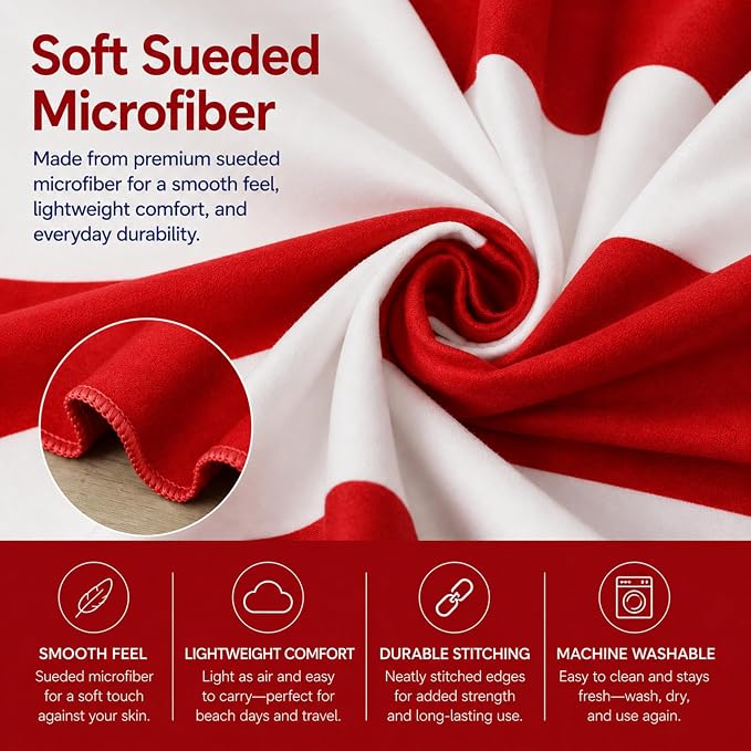 Oversized Microfiber Beach Towel 71x36 Inch, Quick Dry Sand Free Travel Towel, Lightweight Sueded Beach Blanket for Pool, Camping, Yoga & Beach Trips (Red/White)