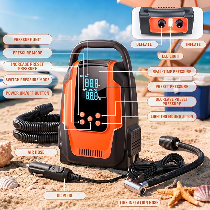 Paddle Board Electric Pump, 50 PSI High Pressure SUP Pump with Auto-Off, 12V DC Paddleboard Pump with Inflation & Deflation, 8 Nozzles Air Pump for Paddle Board, Inflatables, Kayaks, Car Tires