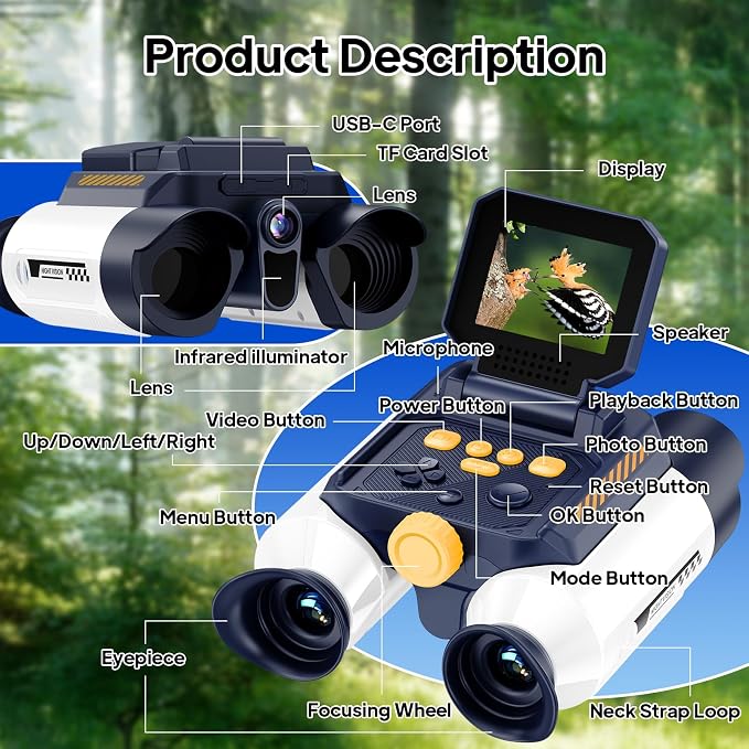 Kids Binoculars with Night Vision, 10x Optical Magnification Digital Binocular with 2.4" HD Screen & 20 Games, STEM Outdoor Exploration Camping Toys Gifts for Boys Girls Age 7-12+ (White&Purple)