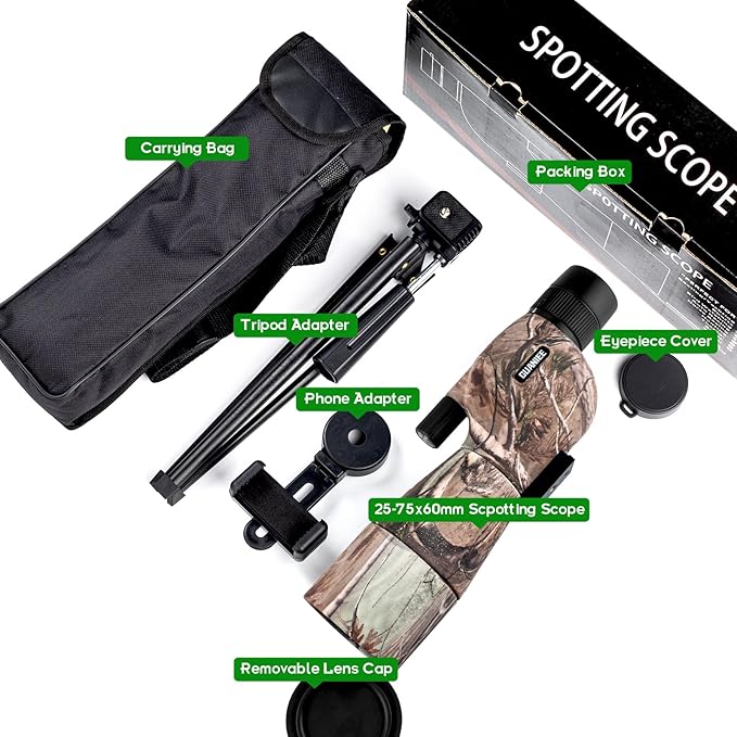 25-75x60 Spotting Scope for Target Shooting with Tripod Carrying Bag and Phone Adapter Spotter Scope for Bird Watching Wildlife Viewing Hunting Camo