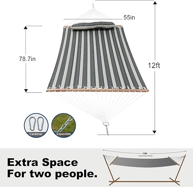 GAFETE Hammock 2 Person Quilted Fabric Hammocks for Outside, Double 12ft Hammocks with Spreader Bar, Large Removable Pillow, Storage Bag, Carabiners, Max 475 lbs Capacity (Mountain Mist Gray)