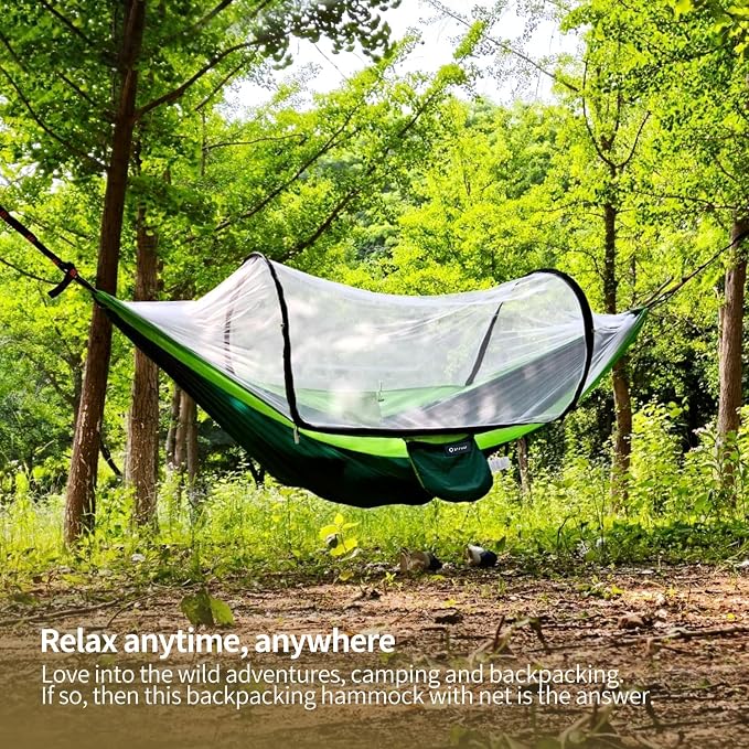 Hammock with Mosquito Net - Lightweight, Portable, 1 Person Hammock - for Camping, Hiking, Backpacking, Travel, a Festival, or The Beach (Dark Green)