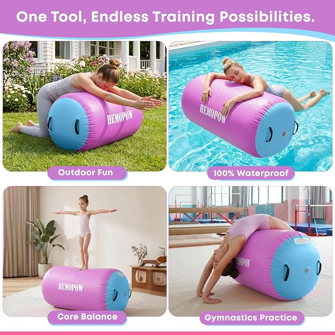 Inflatable Gymnastics Air Barrel Roller with Electric Pump, Heavy Duty PVC Tumbling Barrel Back Handspring Trainer, Air Tumble Track Mat for Home Gym, Cheerleading, Yoga Practice