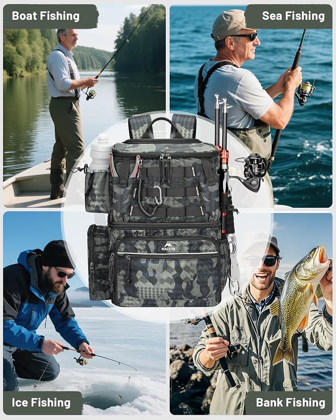 MATEIN Fishing Backpack with 4 Tackle Boxes, Fishing Bag with Rod Holder | 3600 Tackle Box 4 Pack, Water Resistant Tackle Backpack with Cooler Compartment, Safety Compass, Gifts for Fishermen