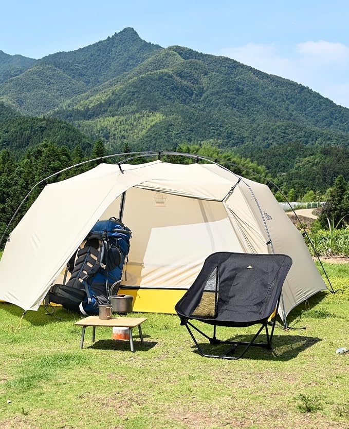 iClimb Low Ultralight Compact Camping Folding Chair with Side Pocket and Carry Bag (Black Grid)