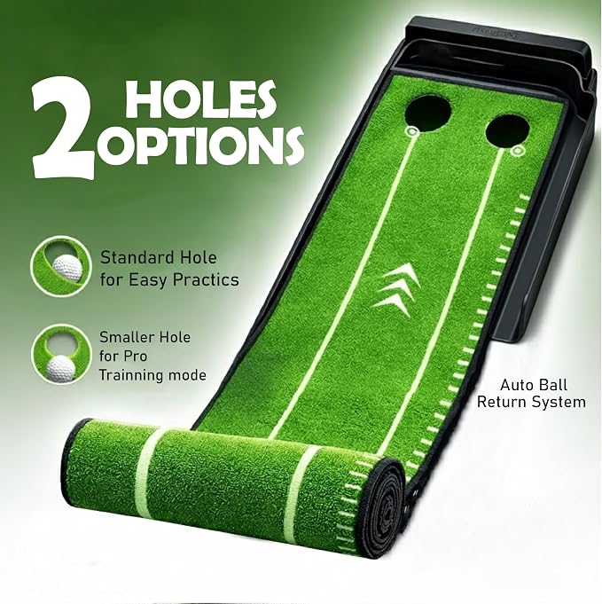 Putting Green Indoor | Wrinkle-Free Golf Mat with Auto Ball Return | Non-Slip Surface & Alignment Markings for Accurate Putting Practice at Home, Office & Outdoors | Improve Stroke Control & Precision