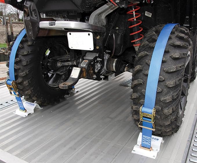 Erickson Wheel Chock Tie-Down Kit, 2 in x 6.5 ft, Single Slotted E-Fitting, Fits 10 in-30 in Tires, 1500 lb Ratchet Straps - Secures ATV, UTV, SxS, Mower & More