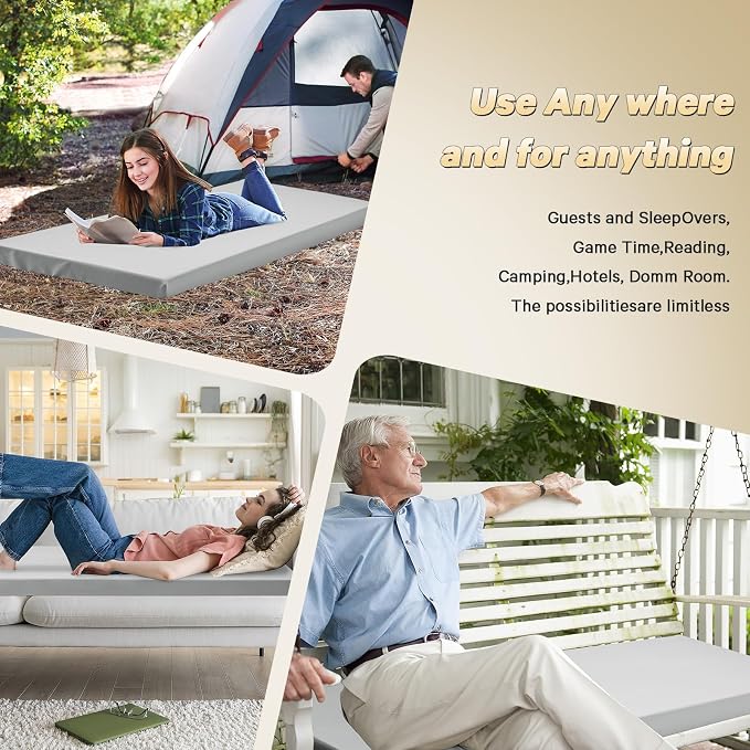 CYMULA Camping Cot Pad 2 Inch Memory Foam, Camping Pad for Folding Cot and Foldable Cot, Portable Roll Up Camp Gear for Car Camping Travel Tent, Non-Slip Waterproof Bottom, Removable Cover, Pad Only