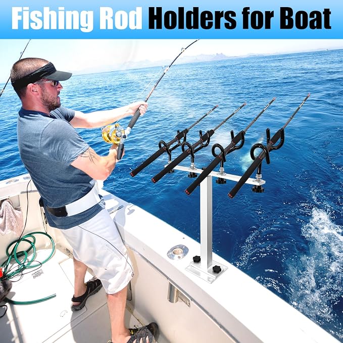 Fishing Rod Holder for Boat,Marine Fishing Pole Rack with The Function of Holding Four Fishing rods and 360 Degree Rotation & Adjustable Height,Includes mounting Plate.