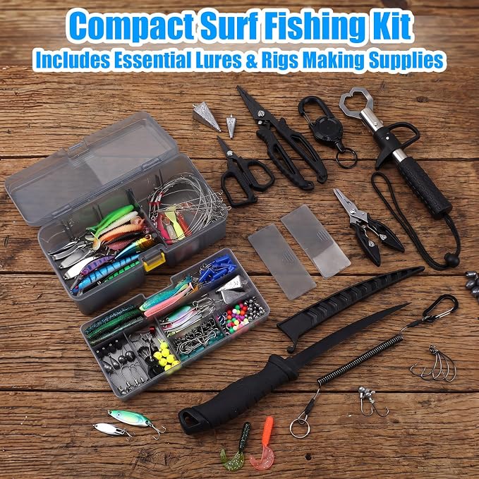 Fishing Lures Kit with Tackle Box, Pliers, Fish Gripper, Saltwater Freshwater Gear Set for Bass Trout, Hooks Weights Bobbers Rigs Leaders