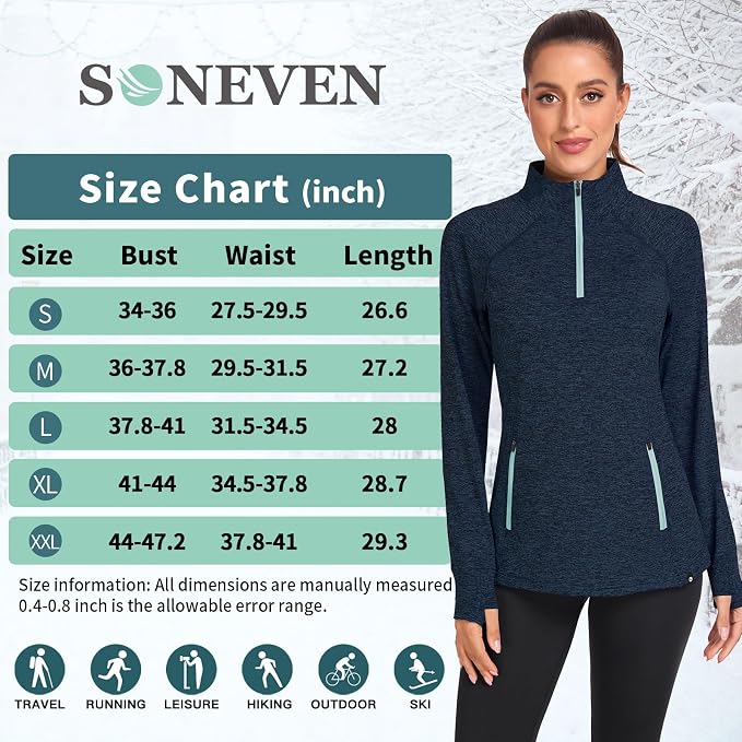 Soneven Women's Thermal Fleece Running Shirts Warm Winter Pullover Cold Weather Workout Hiking Tops with Thumb Holes Pockets