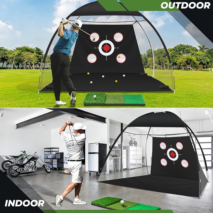 10x7FT Golf Net with Mat, Golf Practice Net for Backyard Garage Indoor Outdoor with Target Pockets for Driving Chipping Swing, for Men Women Dad Husband Golfer, Ideal Gift for Him
