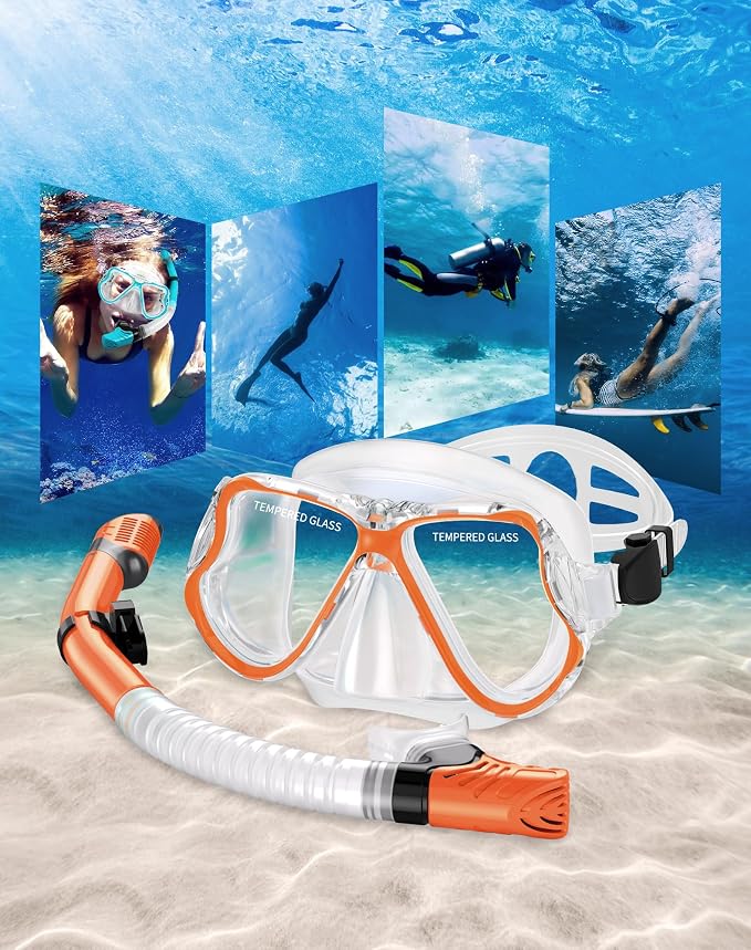 Greatever Dry Snorkel Set,Panoramic Wide View Anti-Fog Scuba Diving Mask,Professional Snorkeling Gear for Adults Kids