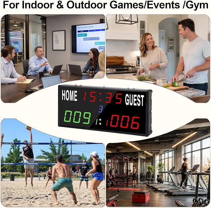 LED Electronic Scoreboard Digital Score Keeper with Remote/Timer/Shot Clock,Portable Basketball Scoreboard with 40-Foot Remote Control ,100FT VISIBLE,24H Clock,Score History,6 Brightness,3 Placements