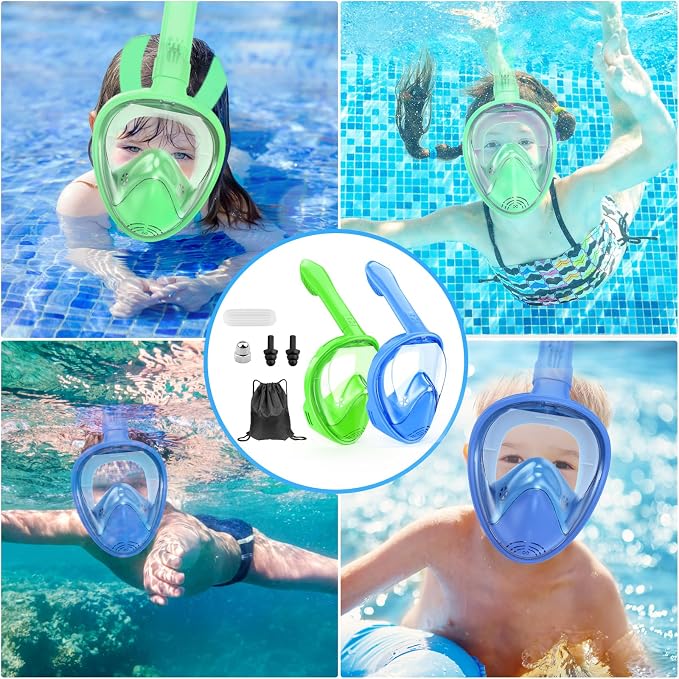 Kids Snorkel Mask Full Face, Snorkeling Gear for Kids with Camera Mount, 180 Degree Panoramic View Snorkeling Set Anti-Fog Anti-Leak